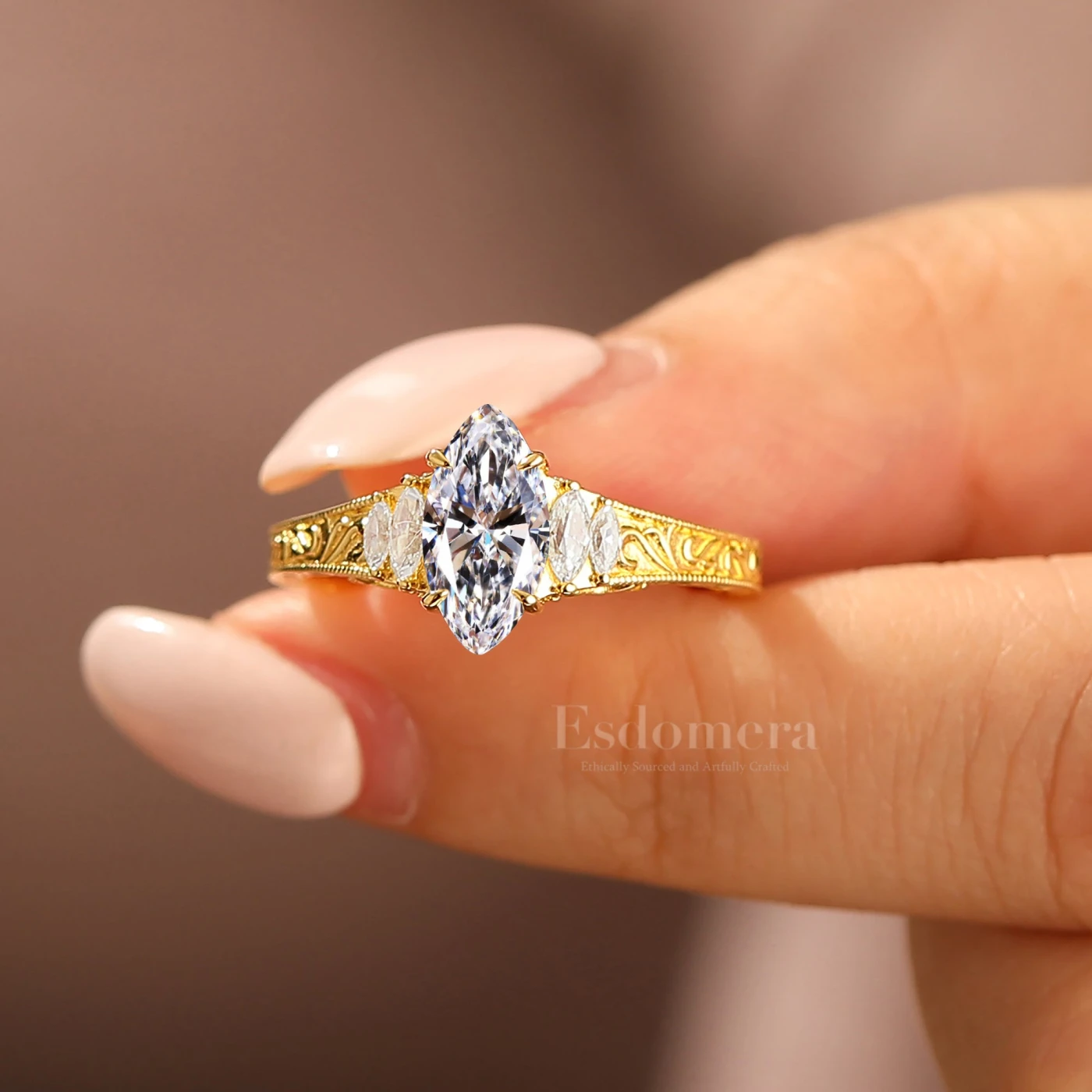 Engraved Vine Marquise Cut Lab Grown Diamond Women Ring Handmade Anniversary Bridal Ring (IGI Certified) - view 3
