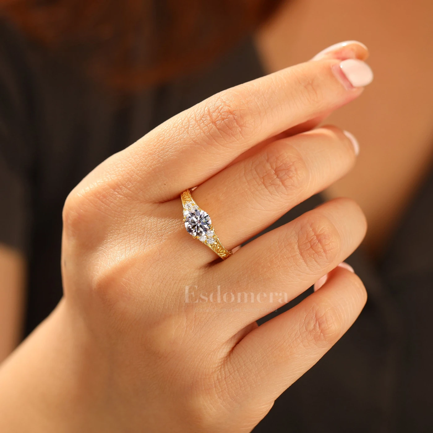 14K Gold Cluster Round Shape Lab Grown Diamond Women Ring Unique Filigree Band Bridal Ring (IGI Certified) - view 5
