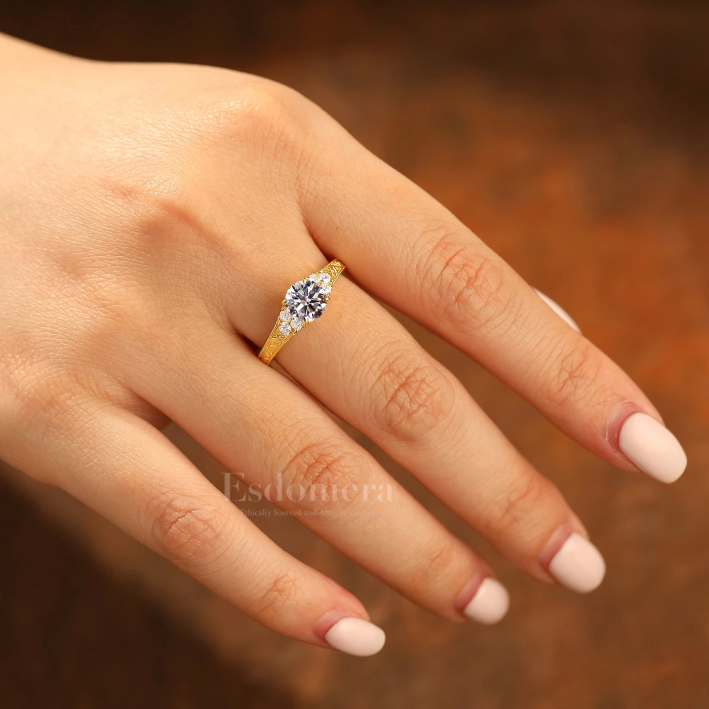 14K Gold Cluster Round Shape Lab Grown Diamond Women Ring Unique Filigree Band Bridal Ring (IGI Certified) - view 3