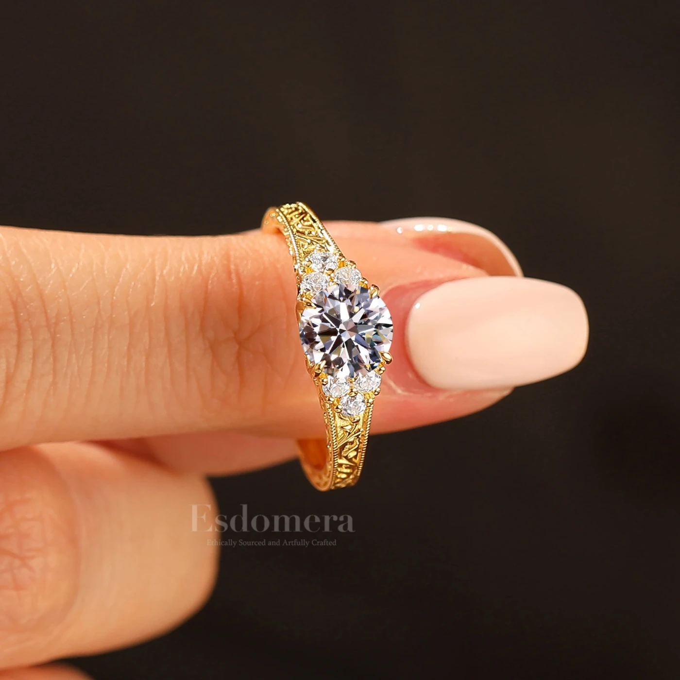 14K Gold Cluster Round Shape Lab Grown Diamond Women Ring Unique Filigree Band Bridal Ring (IGI Certified) - view 2