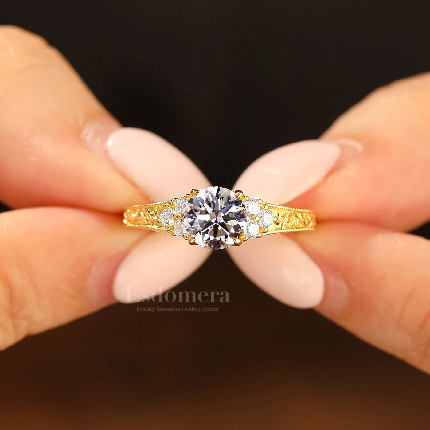 14K Gold Cluster Round Shape Lab Grown Diamond Women Ring Unique Filigree Band