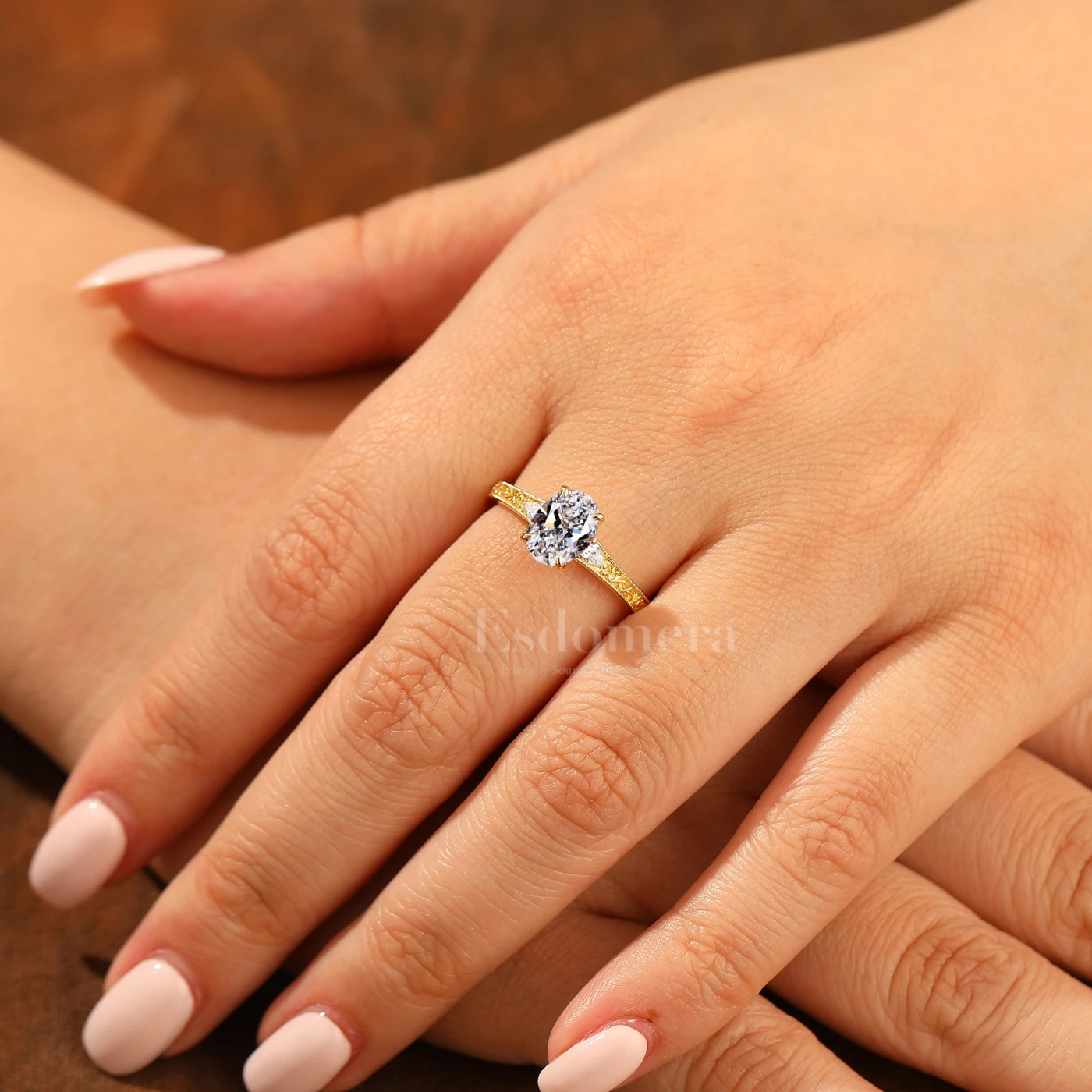 14K Art Deco Style Oval Cut Lab Grown Diamond with Filigree Band Bridal Ring Engagement Ring (IGI Certified) - view 5