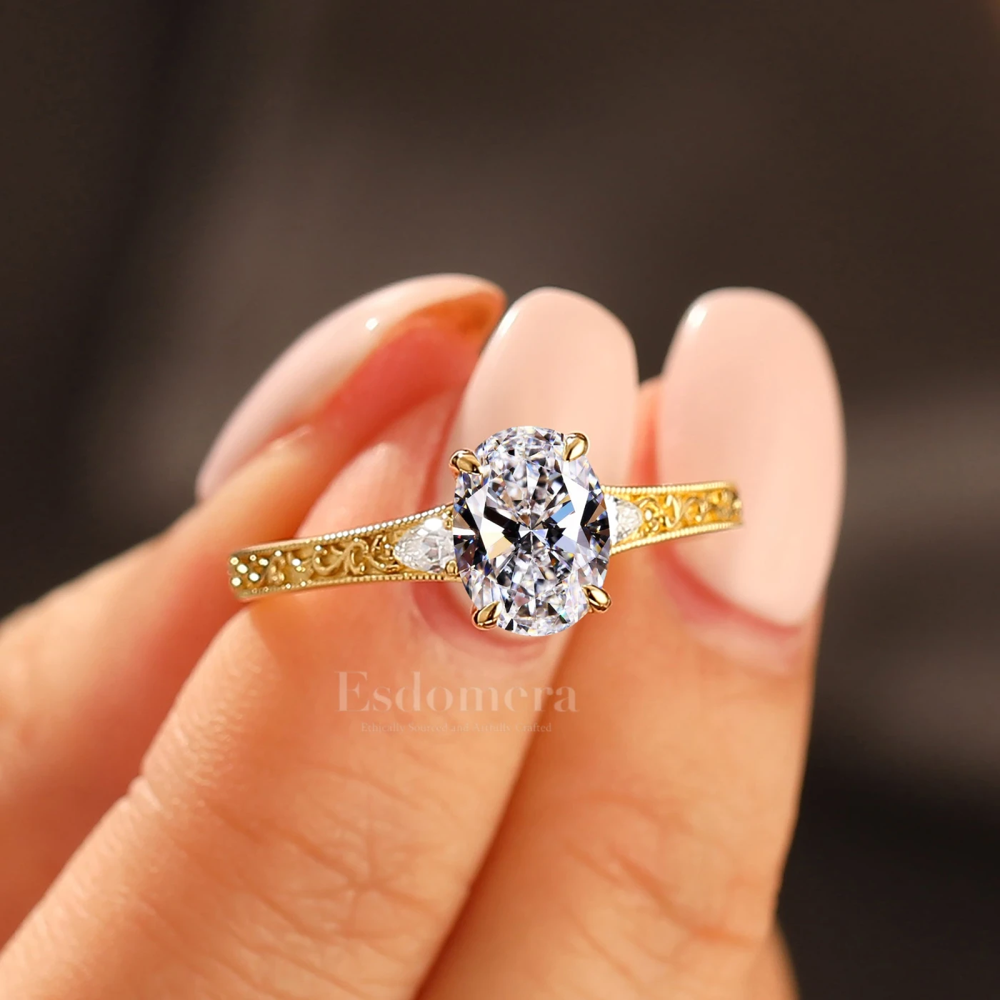 14K Art Deco Style Oval Cut Lab Grown Diamond with Filigree Band Bridal Ring Engagement Ring (IGI Certified) - view 2