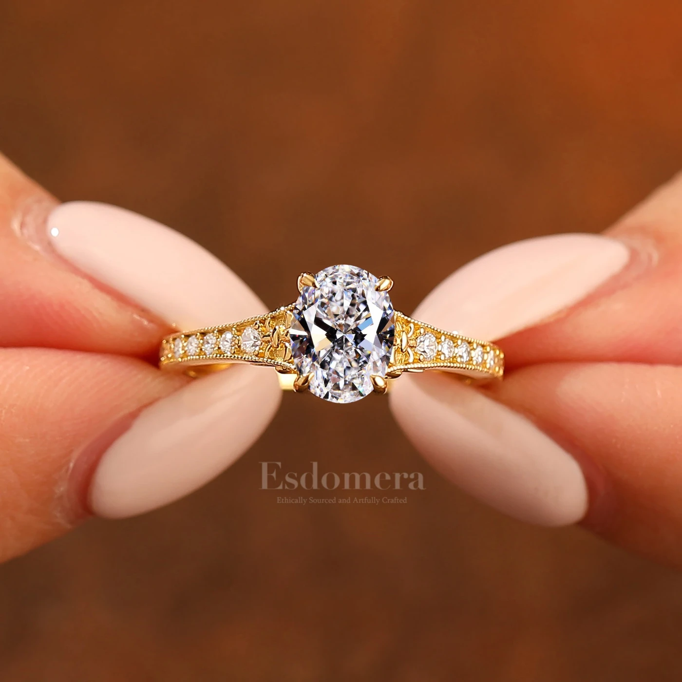 14K Vintage Oval Cut Lab Grown Diamond with Pave Set Band in Engagement Ring