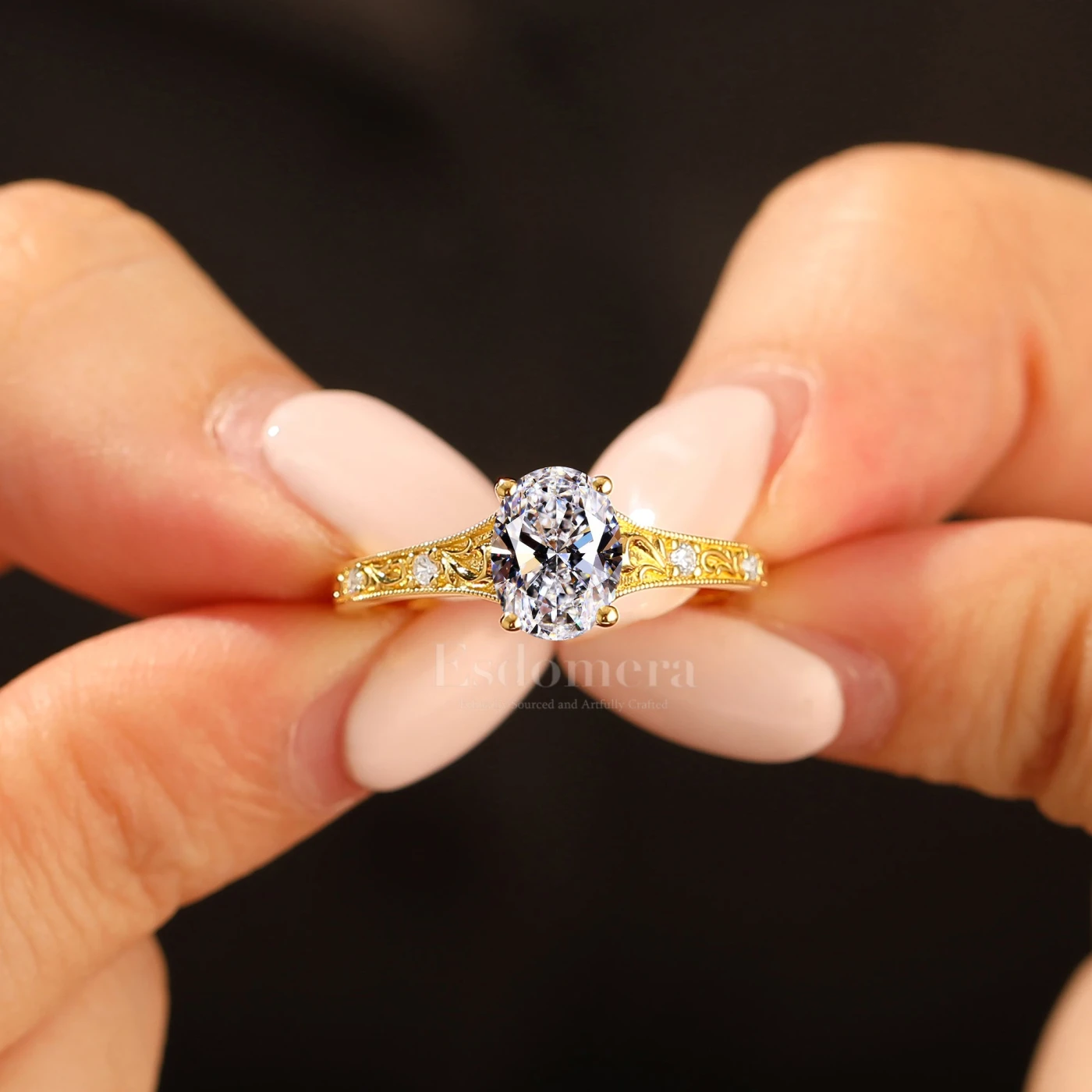 14K Yellow Gold Oval Cut Lab Grown Diamond Filigree Band Ring Engagement Ring