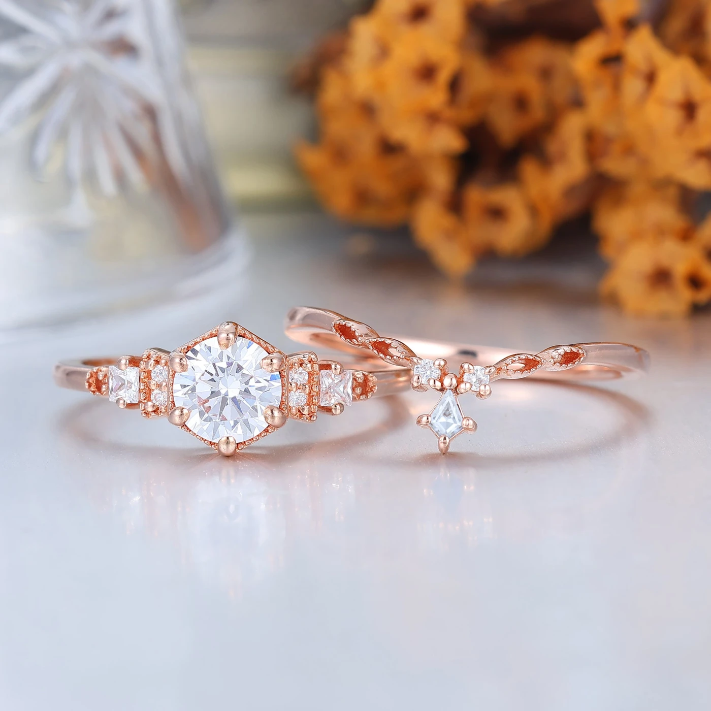 Dainty Round Moissanite Floral Bridal Ring Set 14K Rose Gold Anniversary Ring Set For Her - view 4