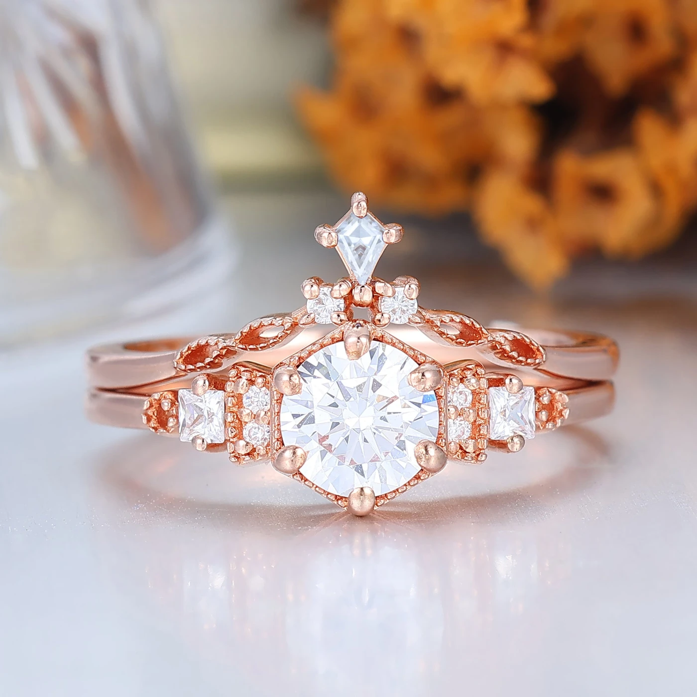 Dainty Round Floral Bridal Ring Set 14K Rose Gold Anniversary Ring Set For Her