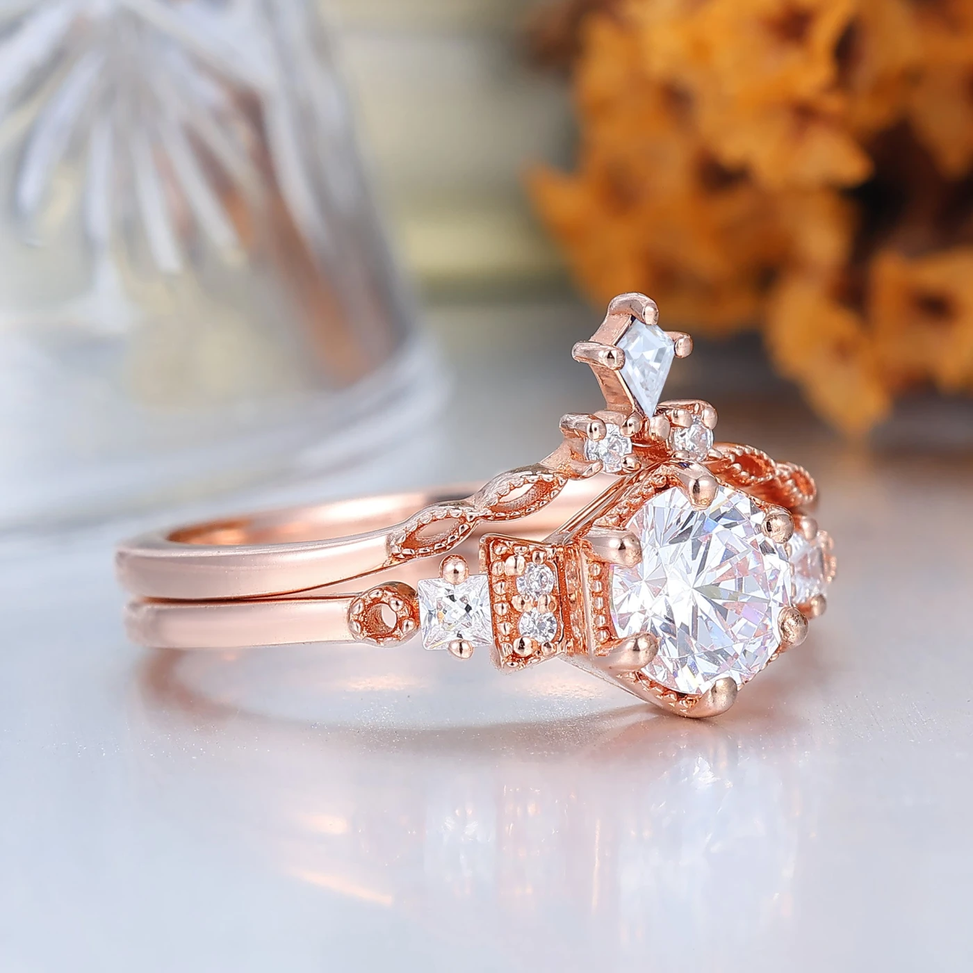 Dainty Round Moissanite Floral Bridal Ring Set 14K Rose Gold Anniversary Ring Set For Her - view 3
