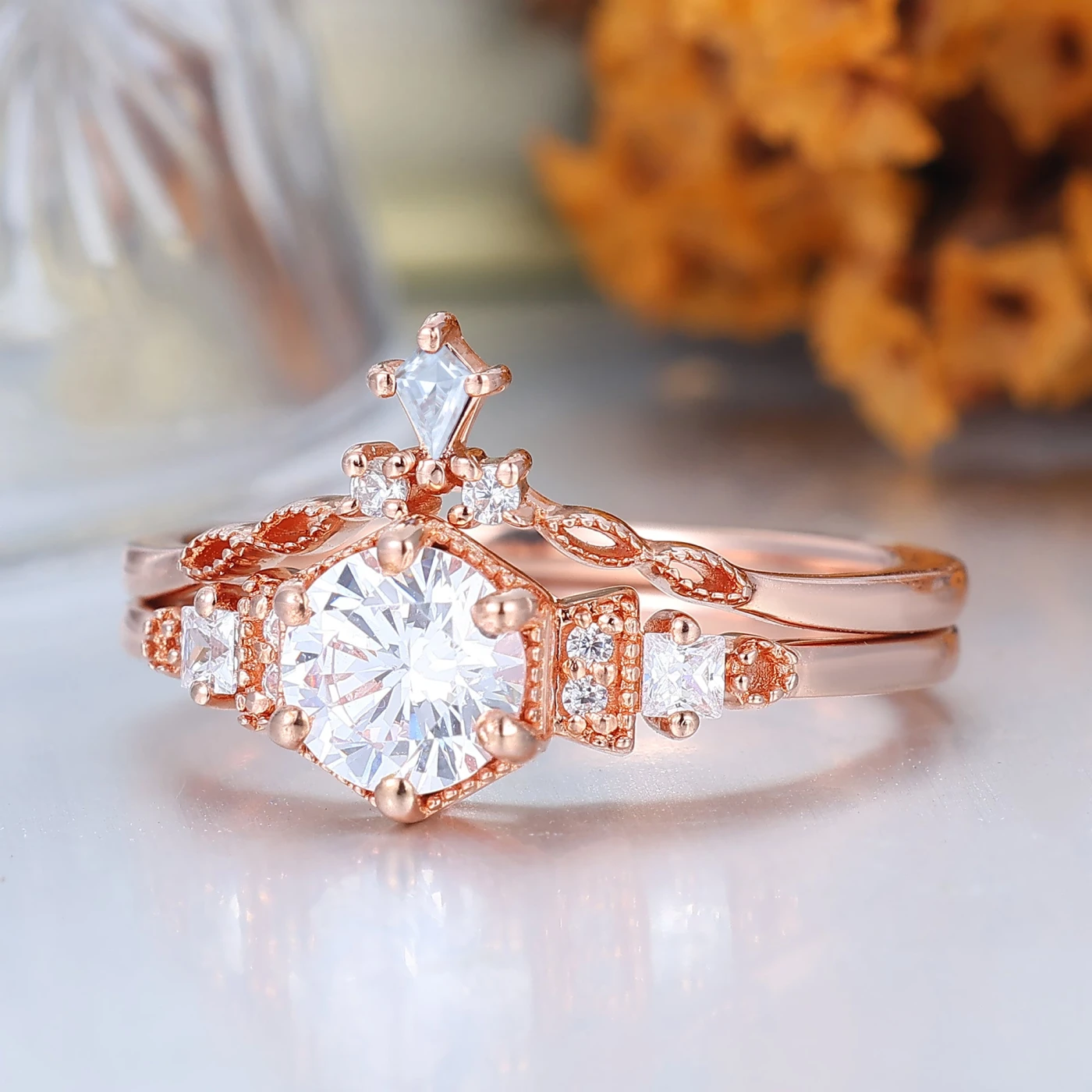 Dainty Round Moissanite Floral Bridal Ring Set 14K Rose Gold Anniversary Ring Set For Her - view 2