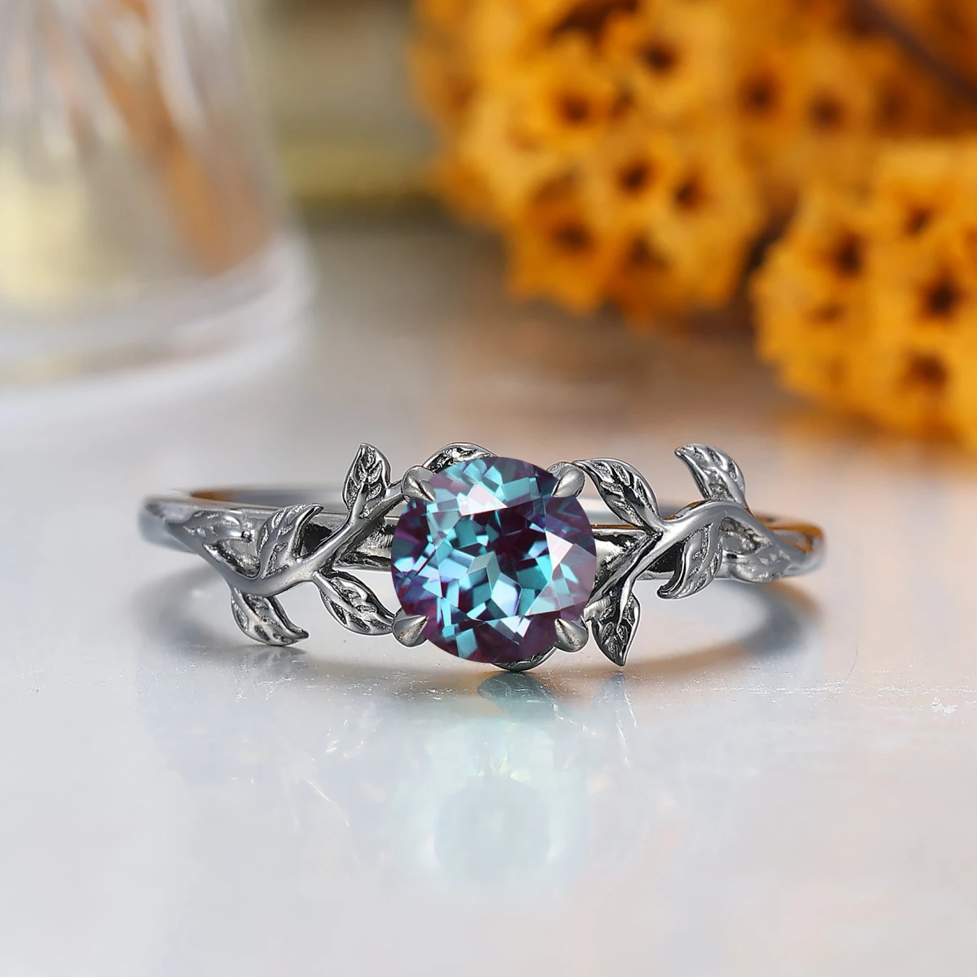 Solitaire Round Shape Engagement Ring Leaf Inspired Wedding Ring For Women