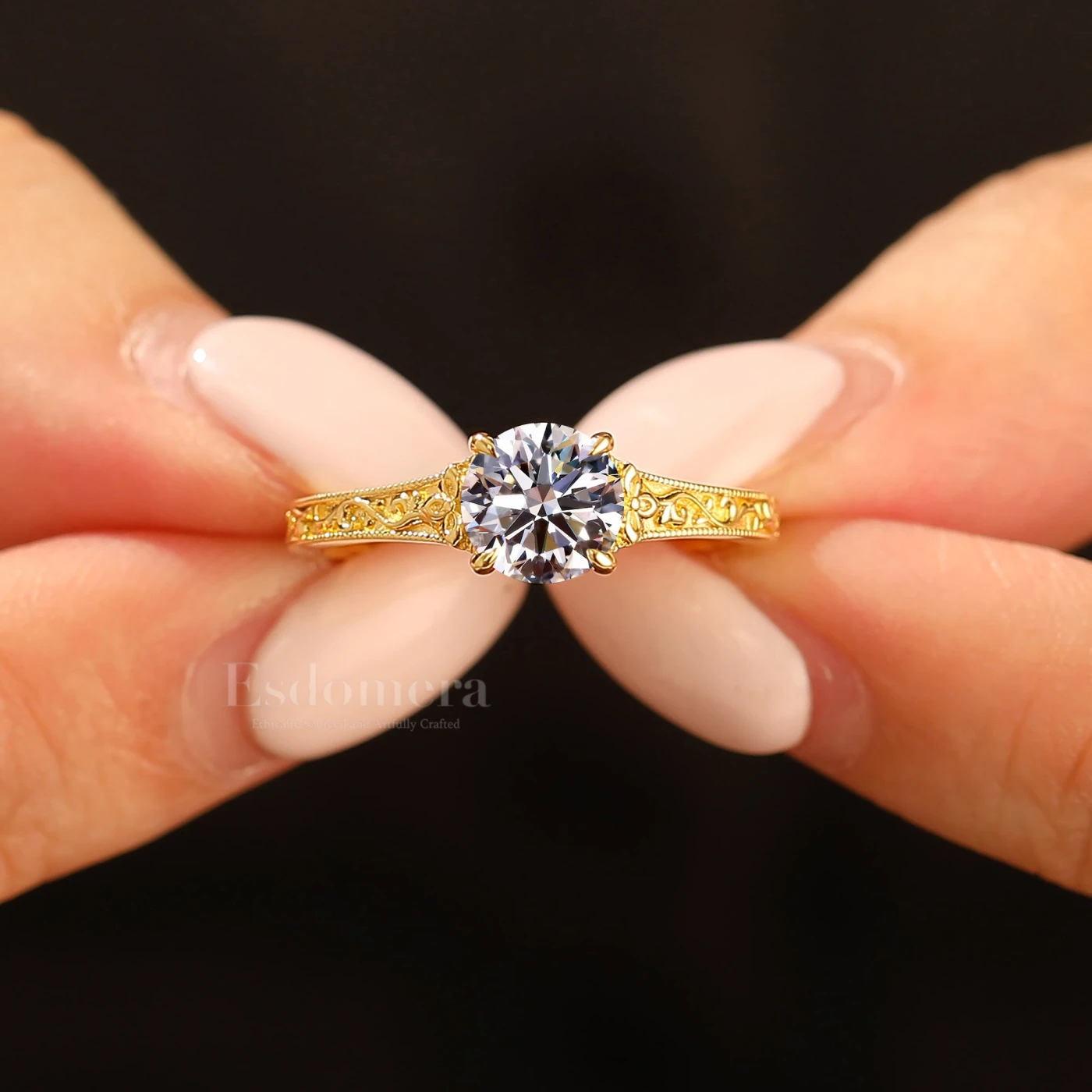 4 Prongs Solitaire Round Lab Grown Diamond Ring Vintage 14K Engraved Floral