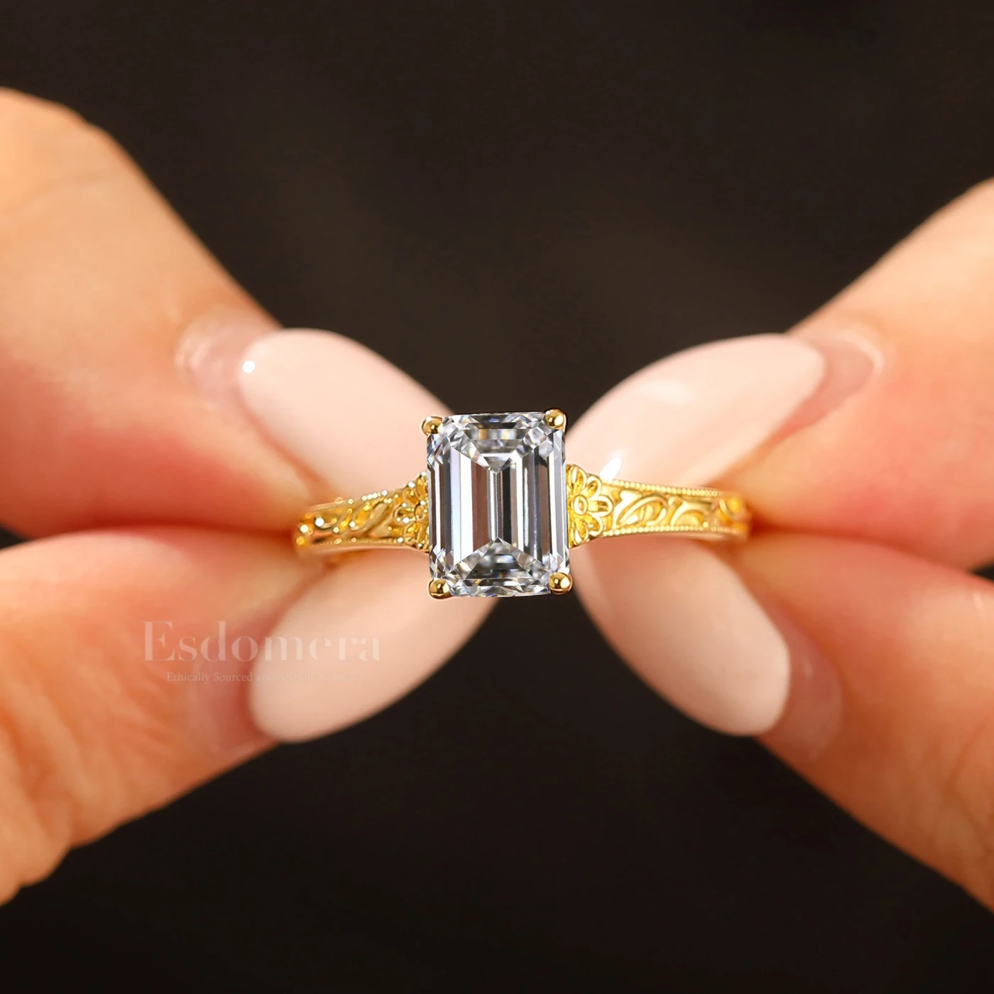 2CT Solitaire Emerald Cut Filigreed Lab Grown Diamond Ring Baroque-inspired