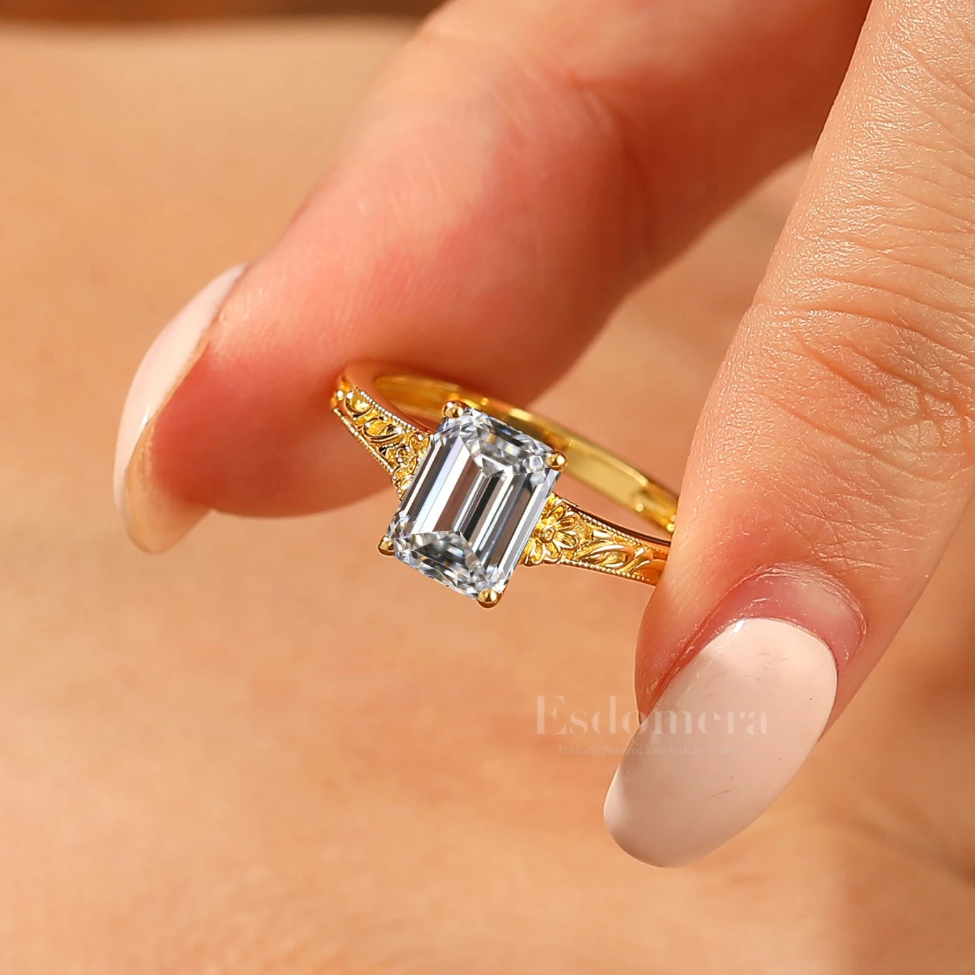 2CT Solitaire Emerald Cut Filigreed Lab Grown Diamond Ring Baroque-inspired Women Ring (IGI Certified) - view 2