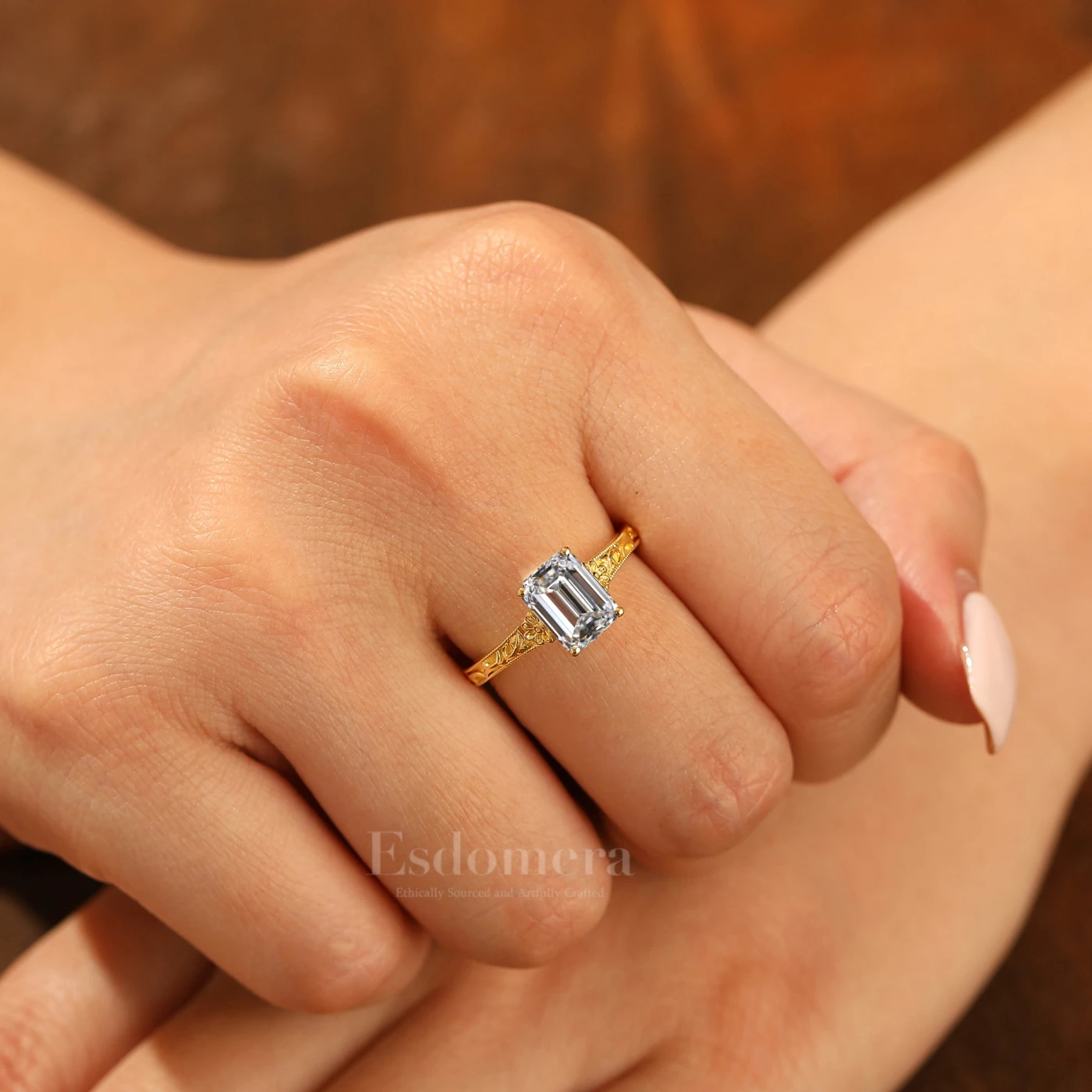 2CT Solitaire Emerald Cut Filigreed Lab Grown Diamond Ring Baroque-inspired Women Ring (IGI Certified) - view 3