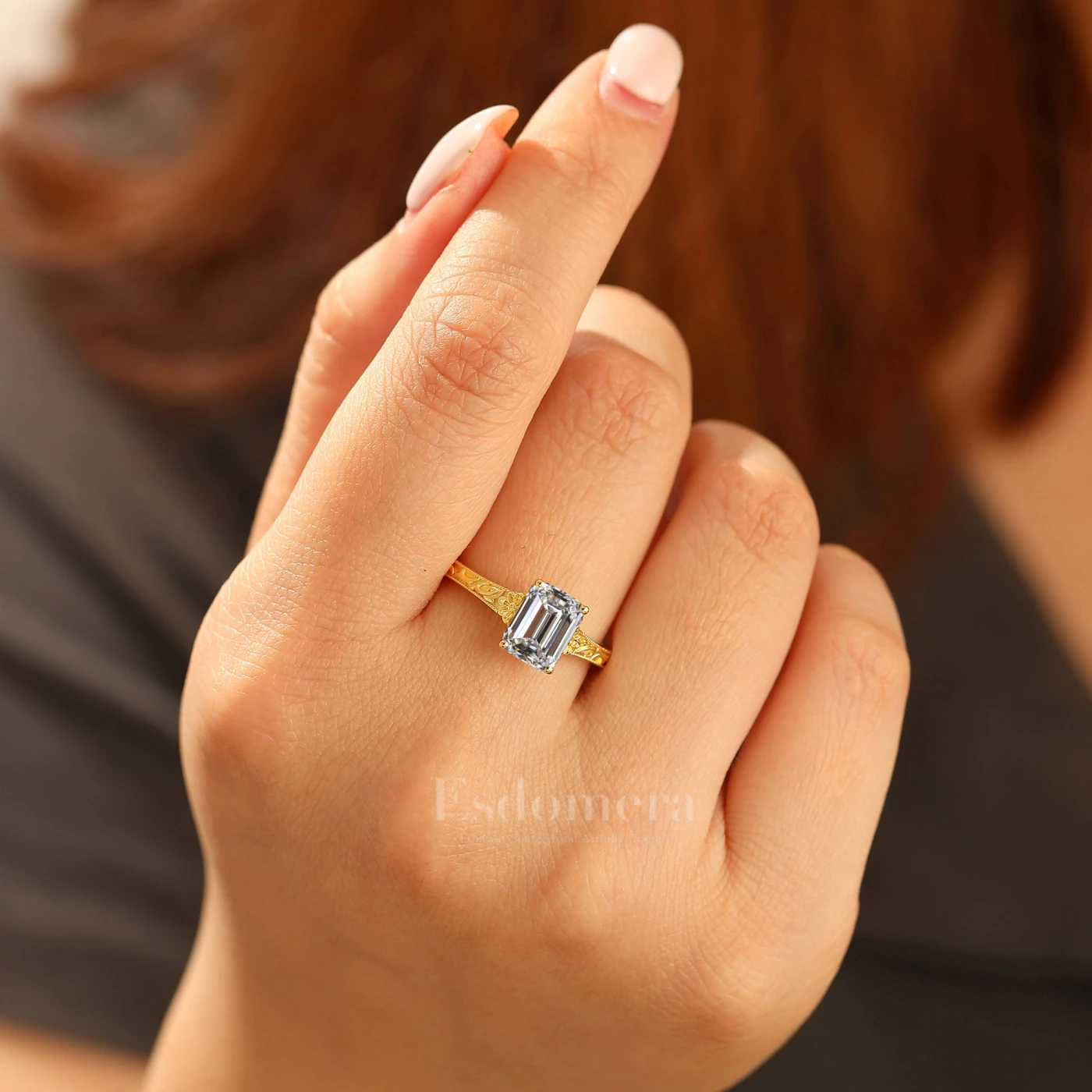 2CT Solitaire Emerald Cut Filigreed Lab Grown Diamond Ring Baroque-inspired Women Ring (IGI Certified) - view 4