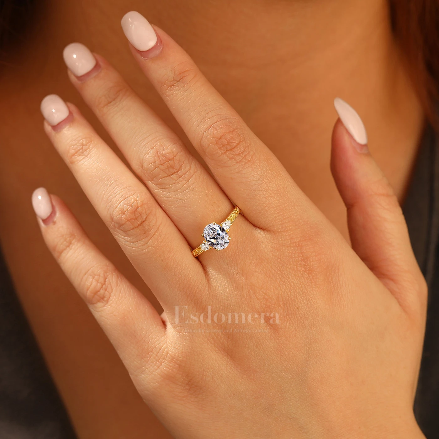 Vintage Inspired Oval Shape Lab Grown Diamond Women Ring Vine Scrolled Shank Scrolled (IGI Certified) - view 3