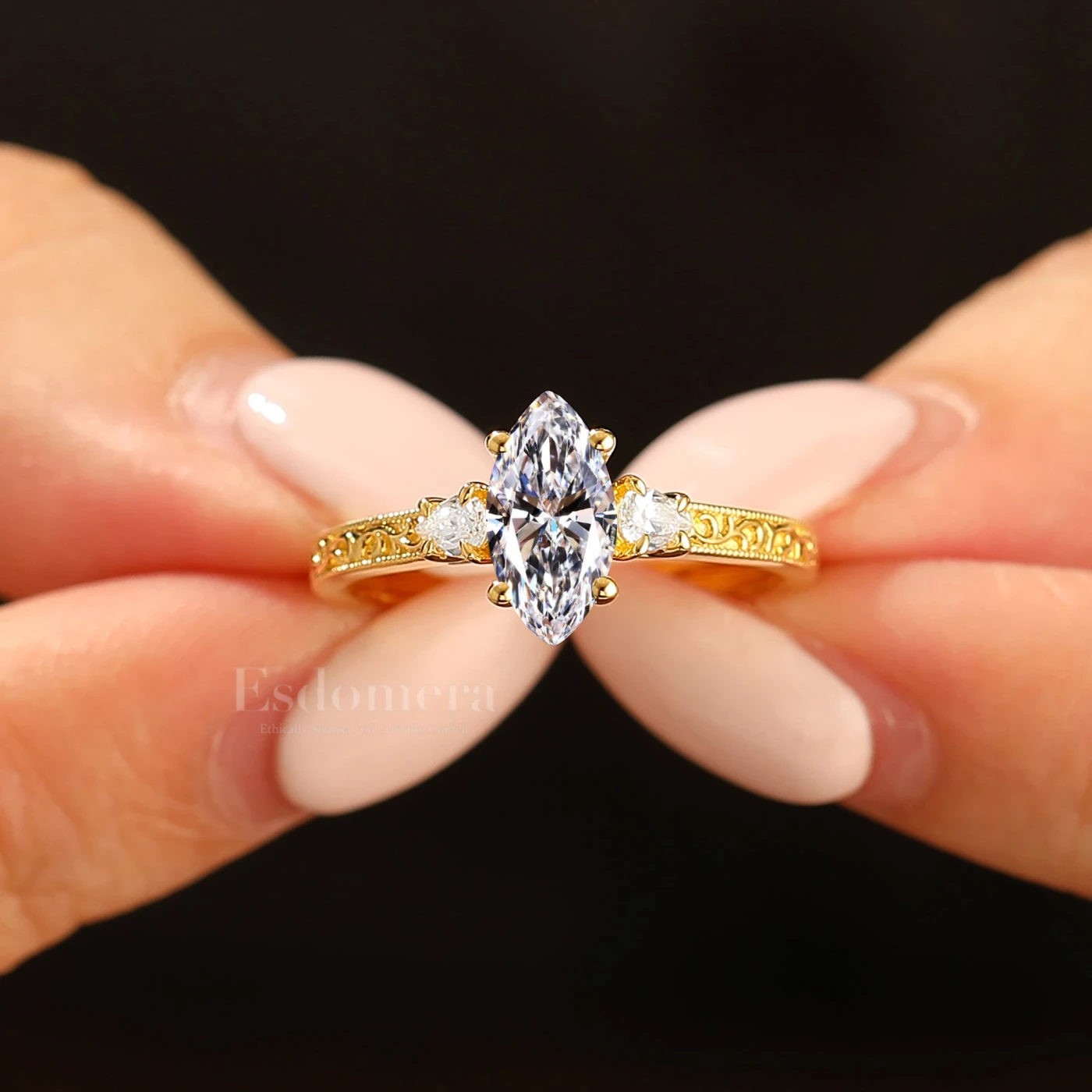 Vintage 14K Solid Gold 1CT Marquise Cut Lab Grown Diamond Ring Filigree