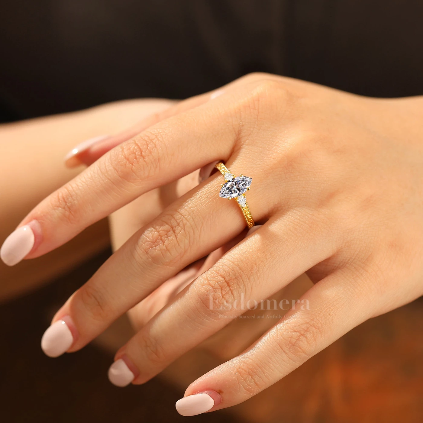 Vintage 14K Solid Gold 1CT Marquise Cut Lab Grown Diamond Ring Filigree Wedding Ring (IGI Certified) - view 2