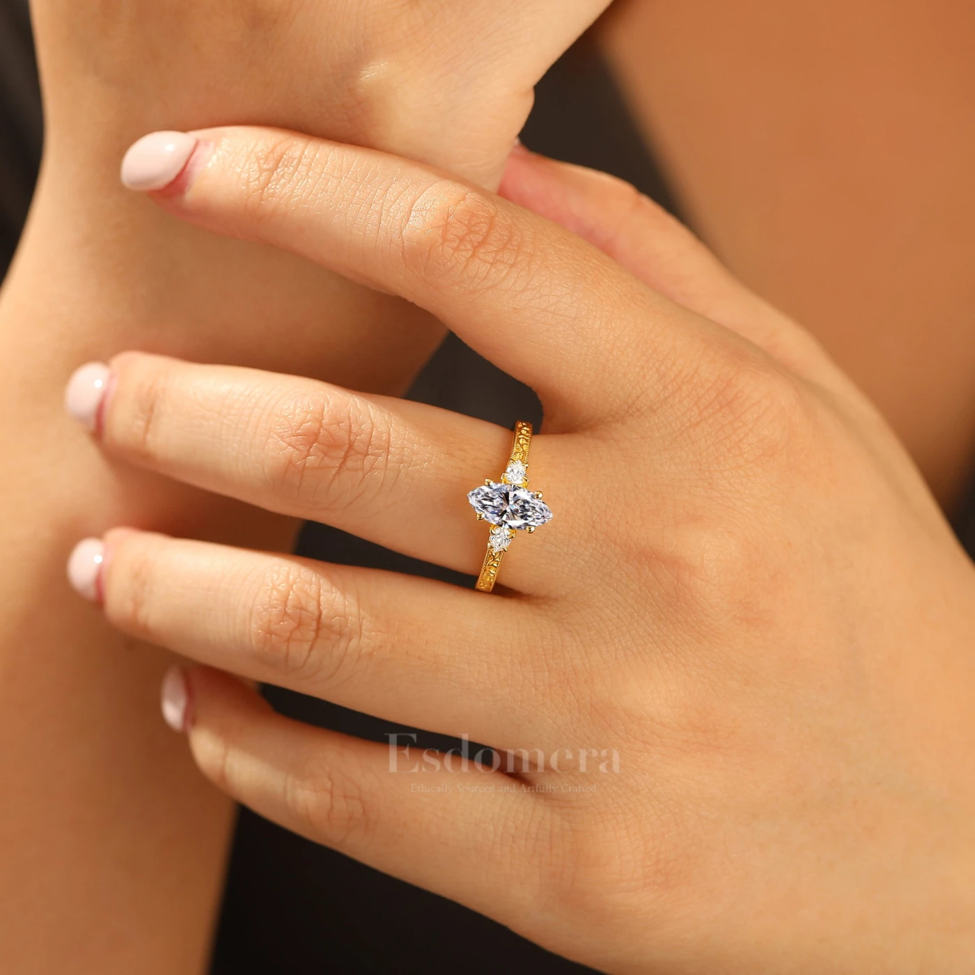 Vintage 14K Solid Gold 1CT Marquise Cut Lab Grown Diamond Ring Filigree Wedding Ring (IGI Certified) - view 7