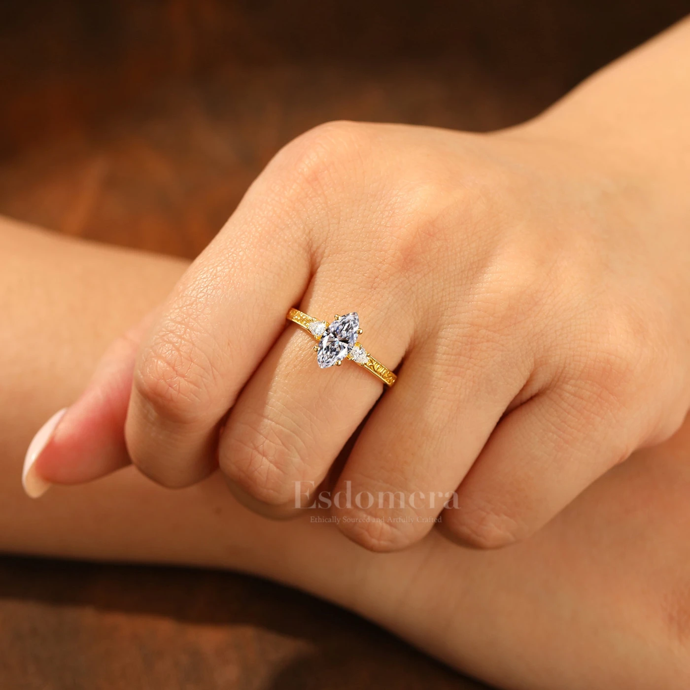 Vintage 14K Solid Gold 1CT Marquise Cut Lab Grown Diamond Ring Filigree Wedding Ring (IGI Certified) - view 4