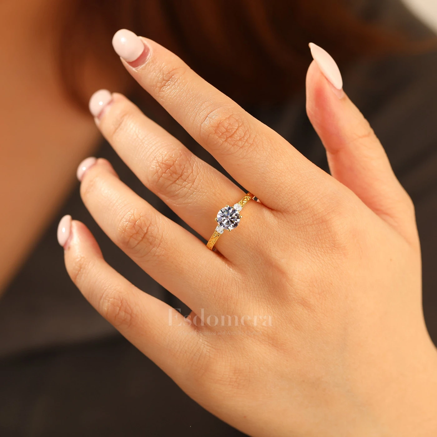 Vintage Milgrain Round Lab Grown Diamond Ring 14K Yellow Gold Bridal Ring (IGI Certified) - view 3