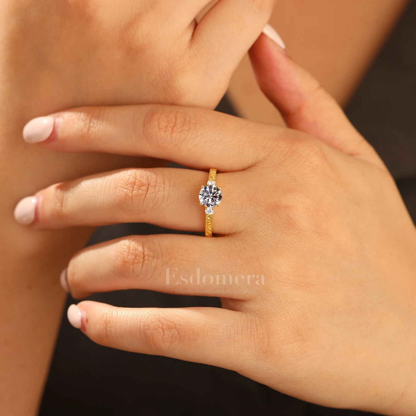 Vintage Milgrain Round Lab Grown Diamond Ring 14K Yellow Gold Bridal Ring (IGI Certified) - view 7