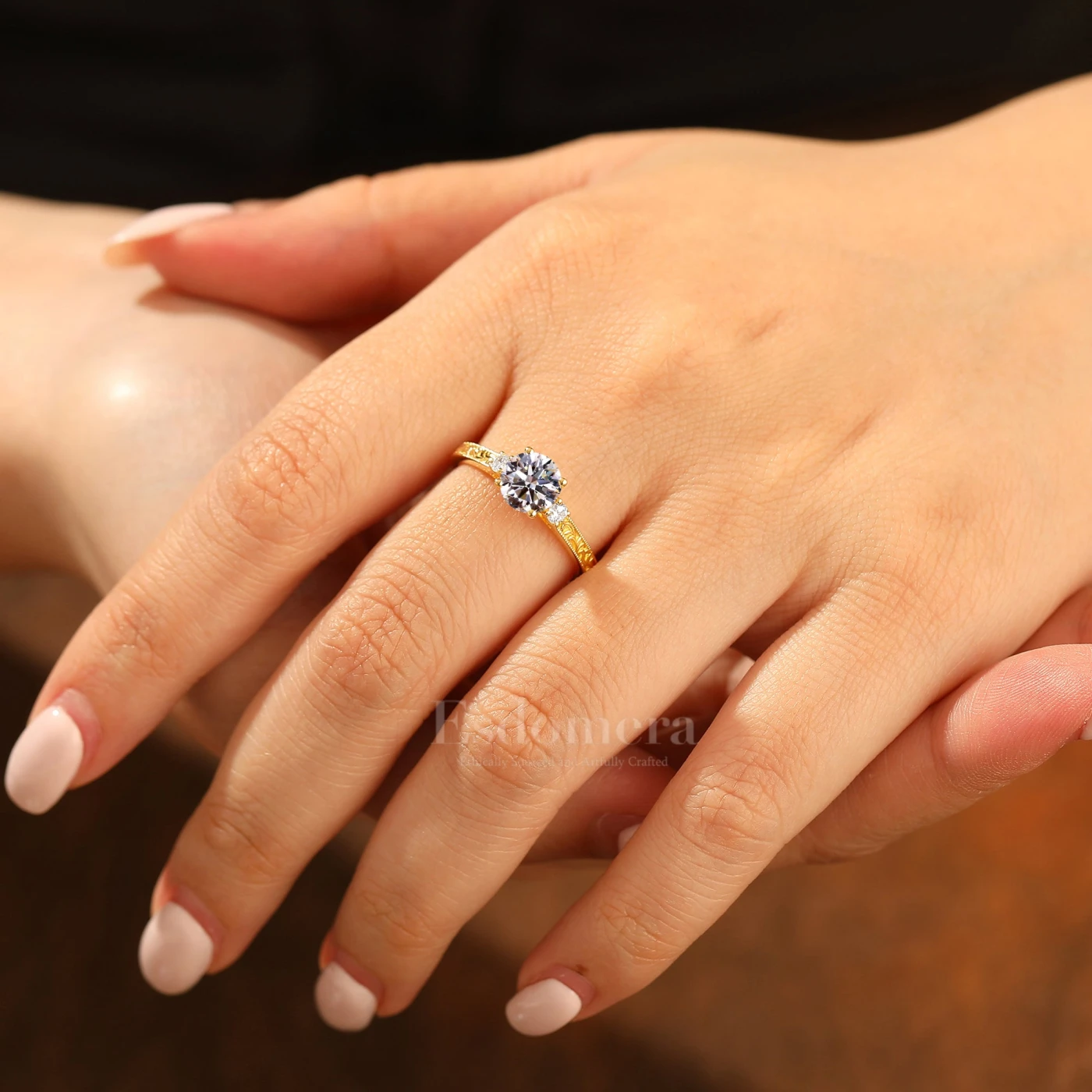 Vintage Milgrain Round Lab Grown Diamond Ring 14K Yellow Gold Bridal Ring (IGI Certified) - view 4