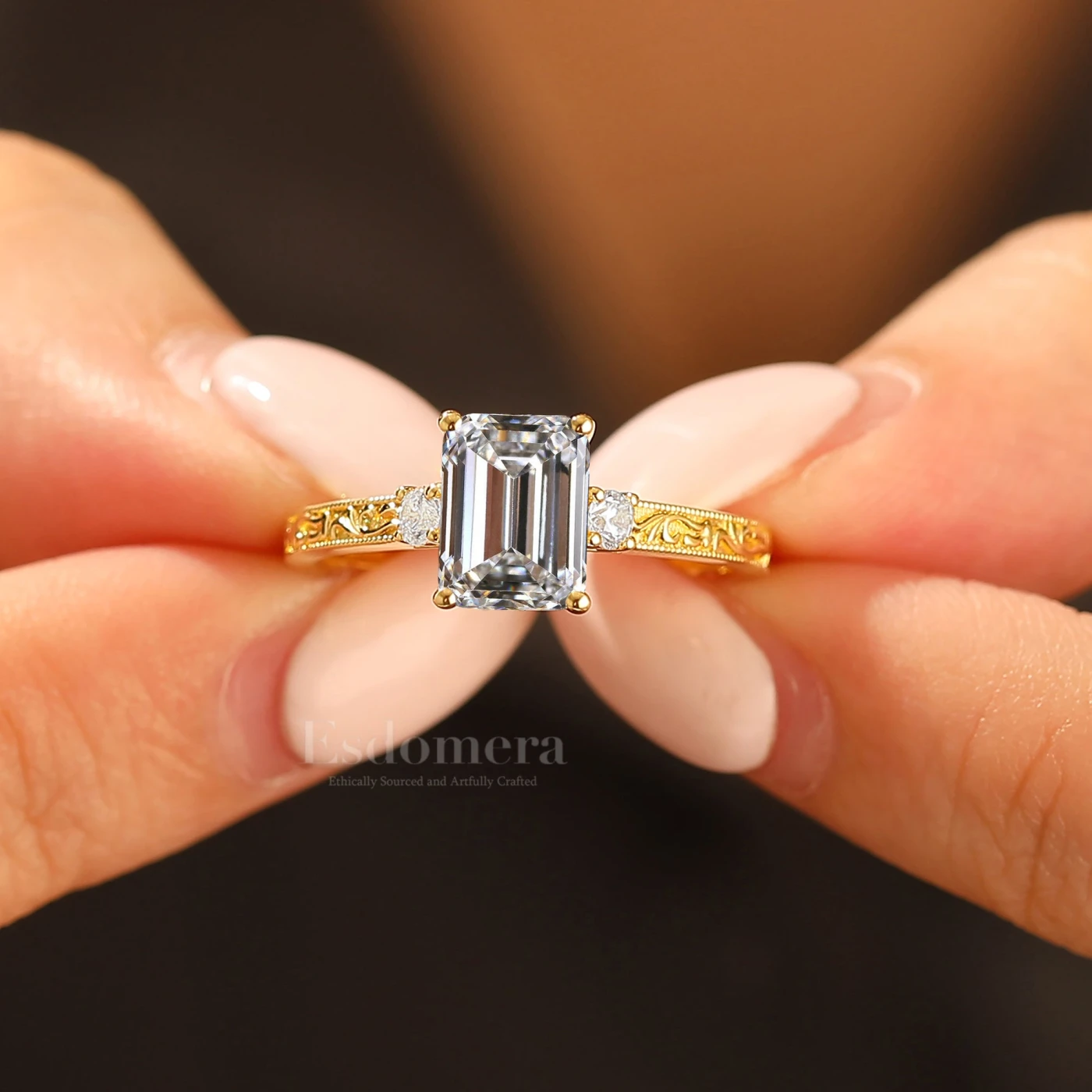 Baroque Milgrain Emerald Cut Lab Grown Diamond Ring Three Stone Style Wedding