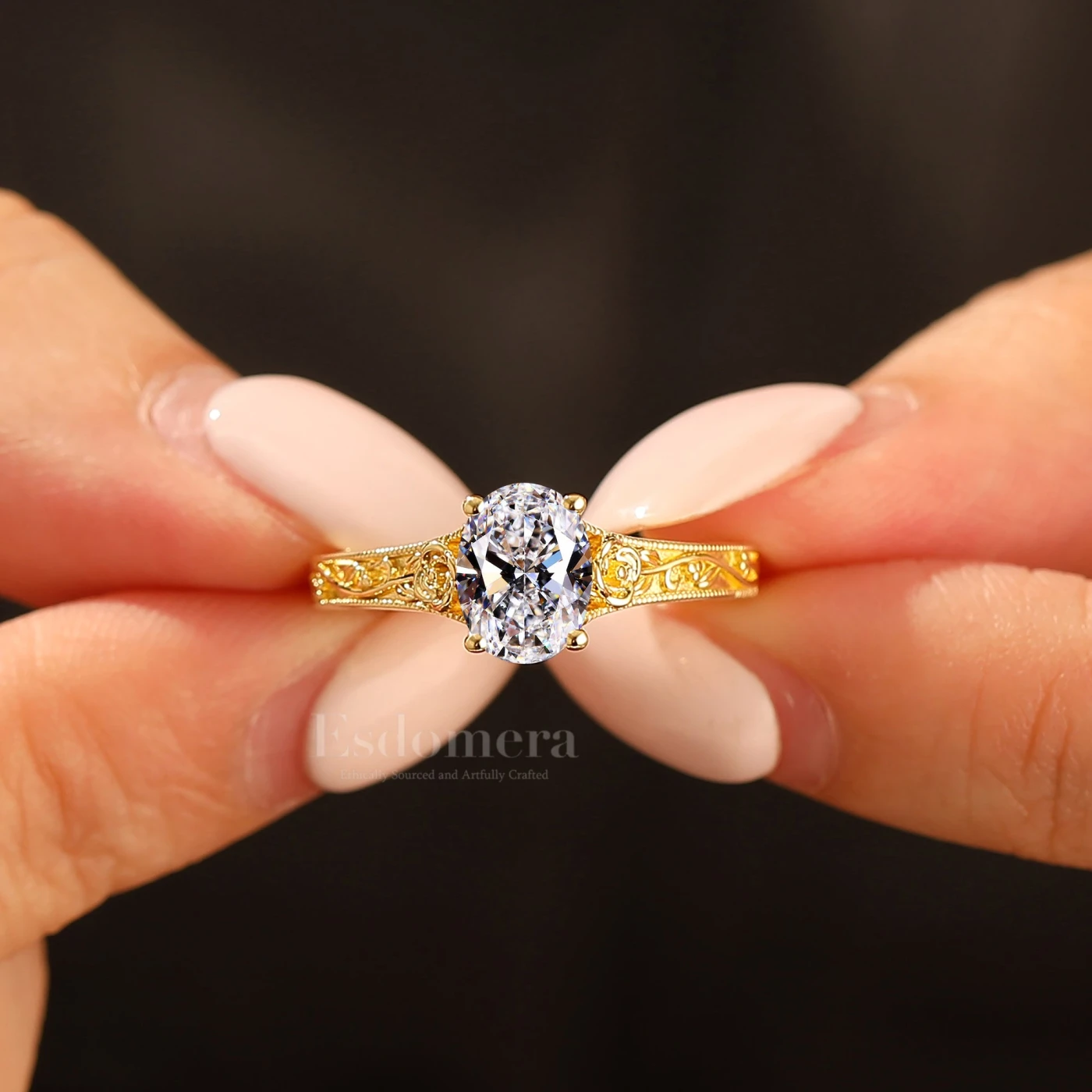 Retro Rose Design Oval Cut Lab Grown Diamond Ring Solitaire Lab Grown Diamond