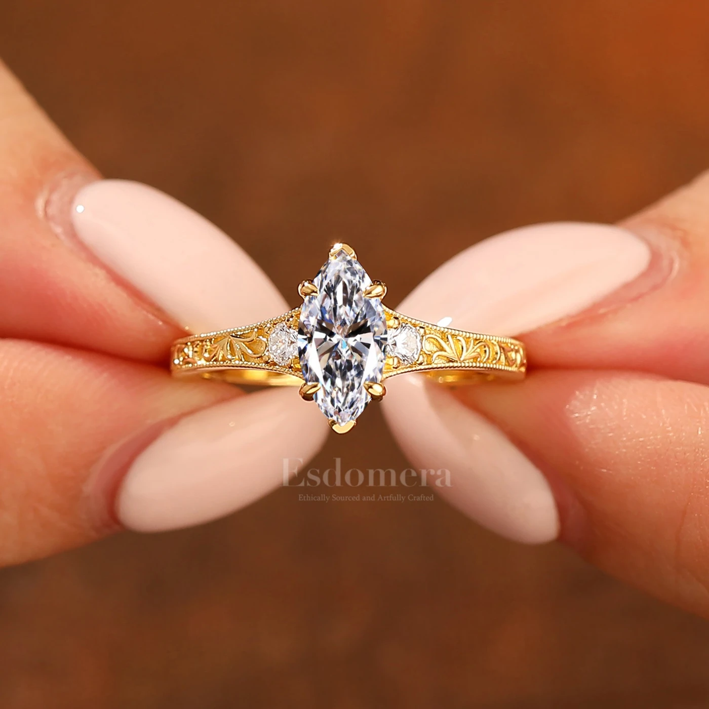 14K Vintage Marquise Three Stone Engagement Ring Yellow Gold