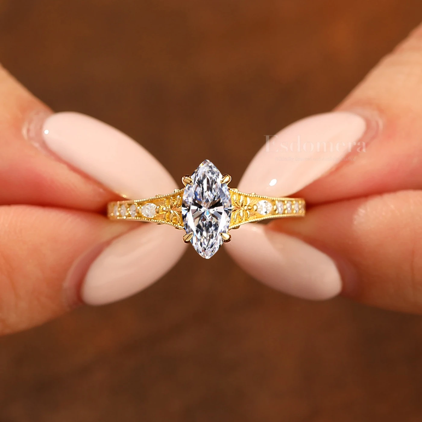 14K Vintage Classic Marquise Solitaire Lab Grown Diamond Engagement Ring