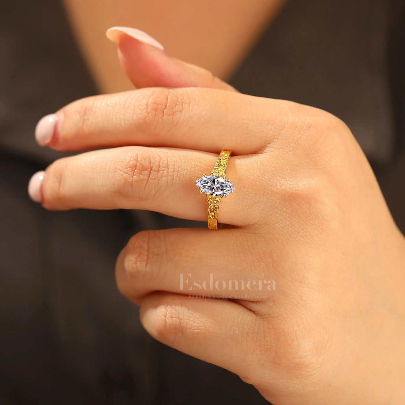 Antique-Style Solitaire Marquise Cut Lab Grown Diamond Ring Rose Carving Band Engagement Ring (IGI Certified) - view 4
