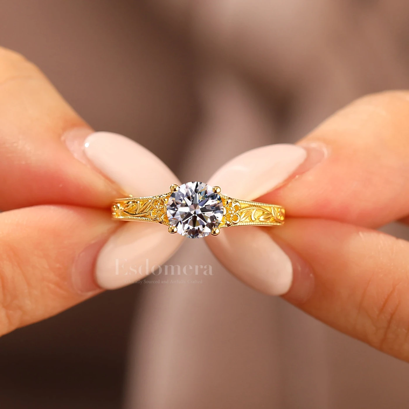 Romantic Floral Engraved Round Lab Grown Diamond Ring 14K Gold Deco Milgrain