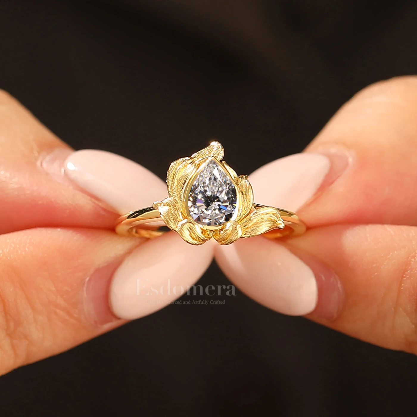 Lotus Petal Design Lab Grown Diamond Ring Botanical Handcrafted Women Ring