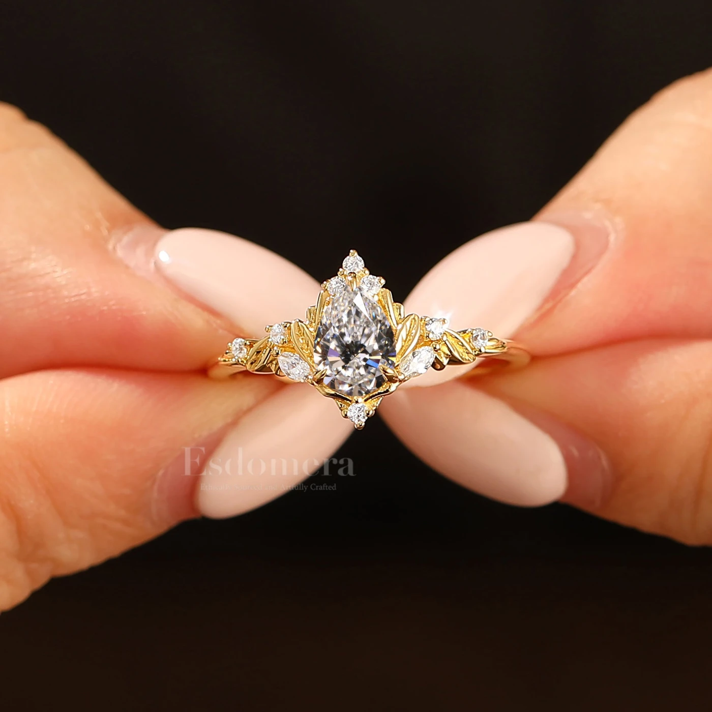 Nature Inspired Marquise Lab Diamond Engagement Ring Gold Leaf