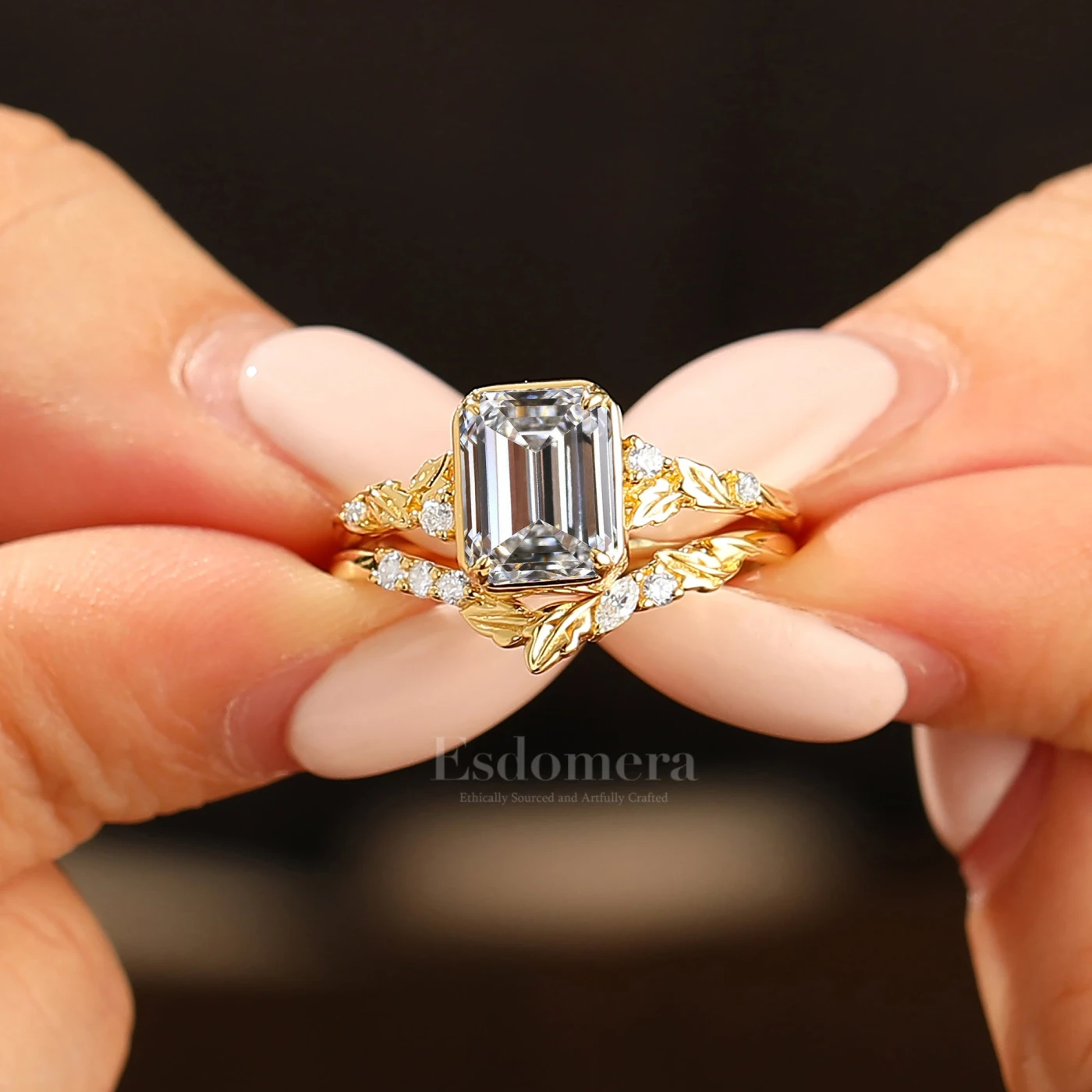 Vintage Leaf Emerald Lab Diamond Wedding Ring Set 2pcs 14K