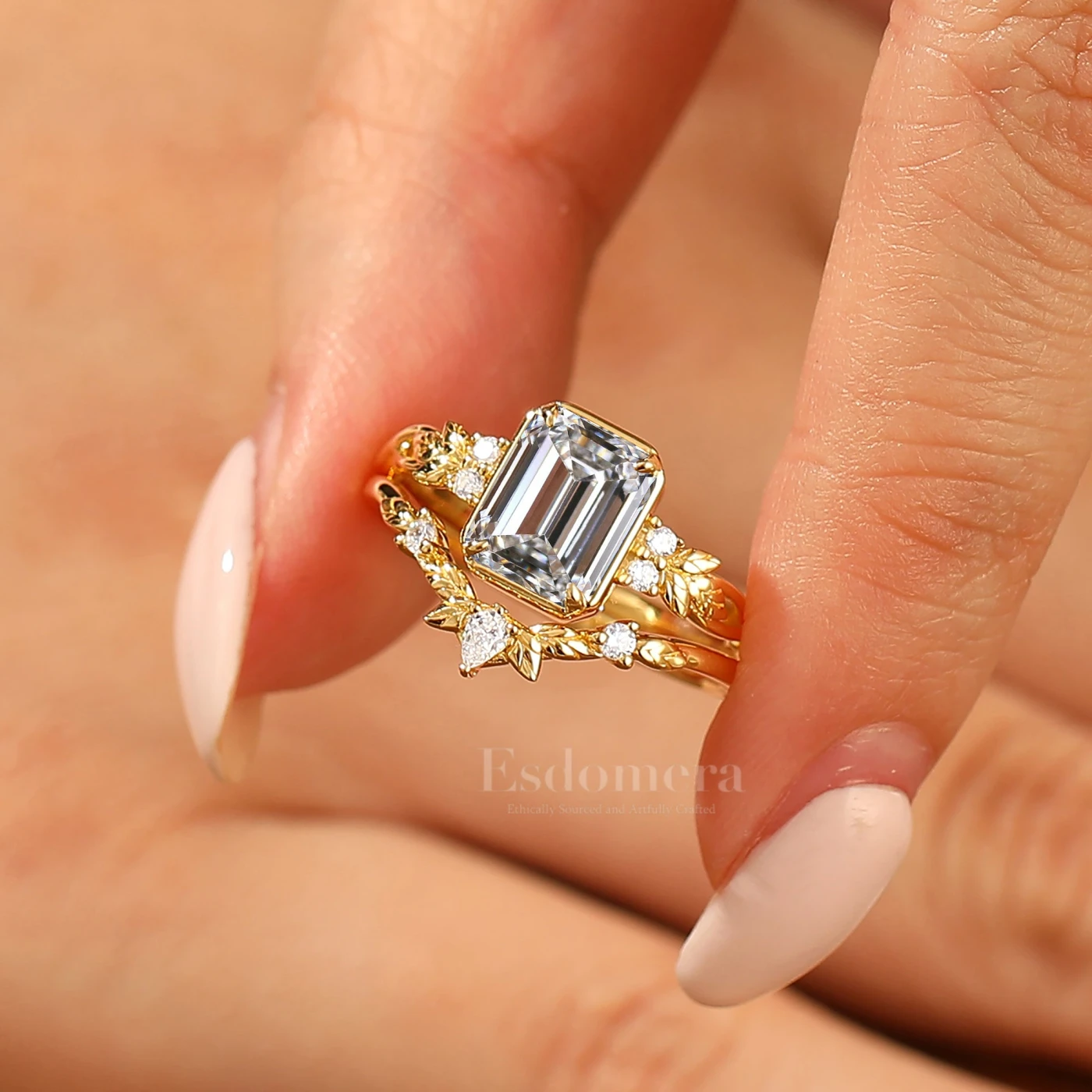 Art Deco Leaf Emerald Cut Lab Grown Diamond Engagement Ring Set Solid Yellow Gold Lab Diamond Rings (IGI Certified) - view 2