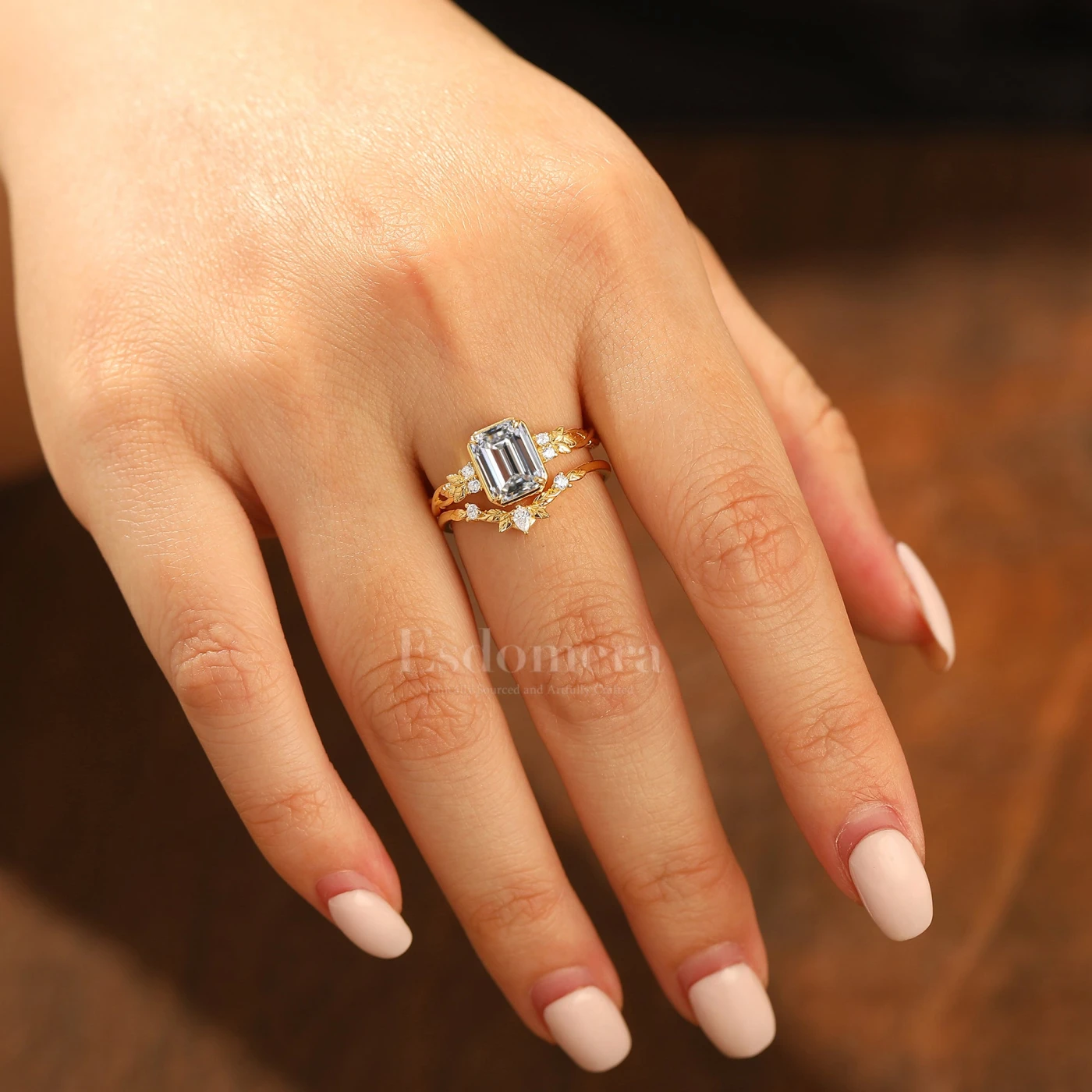 Art Deco Leaf Emerald Cut Lab Grown Diamond Engagement Ring Set Solid Yellow Gold Lab Diamond Rings (IGI Certified) - view 7