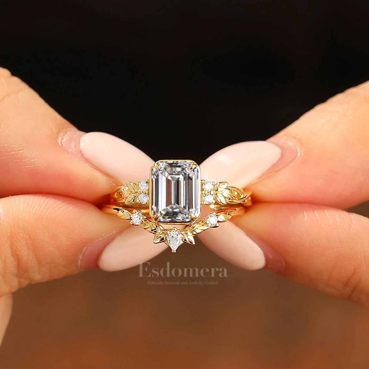 Art Deco Leaf Emerald Cut Lab Grown Diamond Engagement Ring