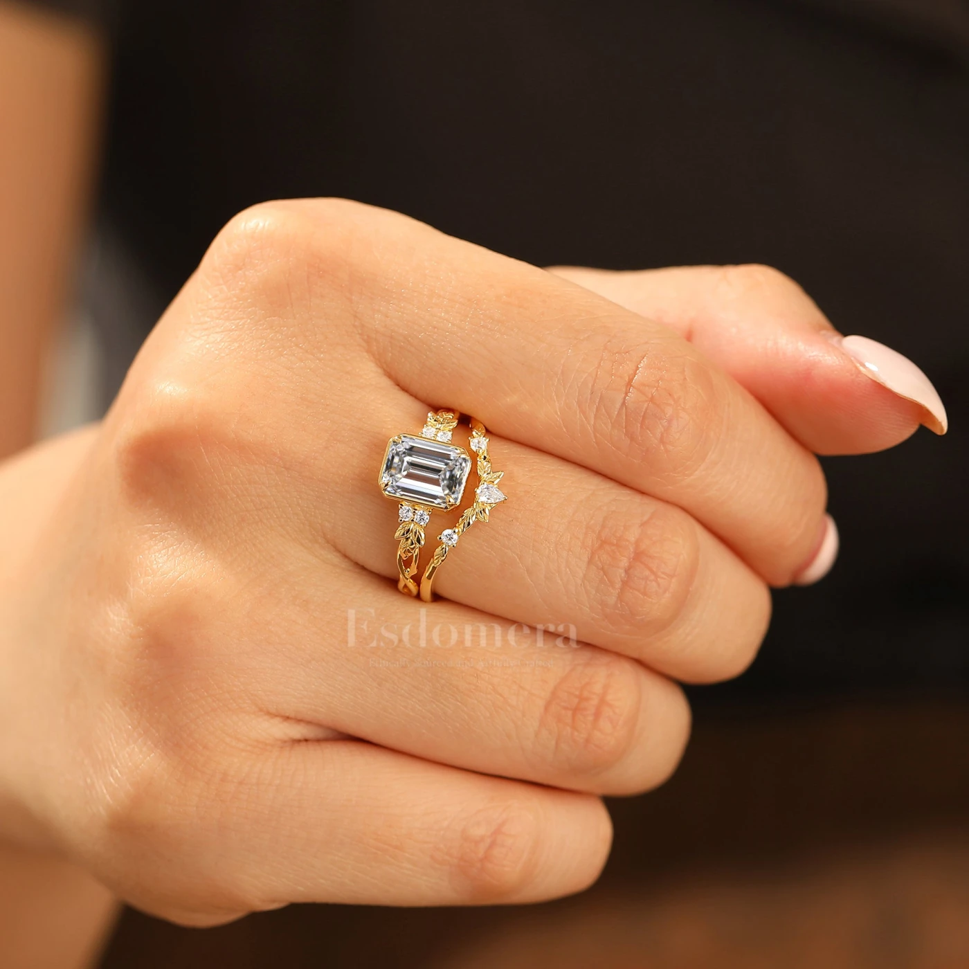 Art Deco Leaf Emerald Cut Lab Grown Diamond Engagement Ring Set Solid Yellow Gold Lab Diamond Rings (IGI Certified) - view 4