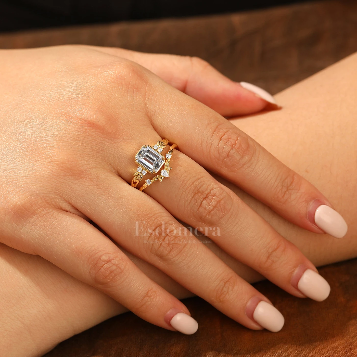 Art Deco Leaf Emerald Cut Lab Grown Diamond Engagement Ring Set Solid Yellow Gold Lab Diamond Rings (IGI Certified) - view 6