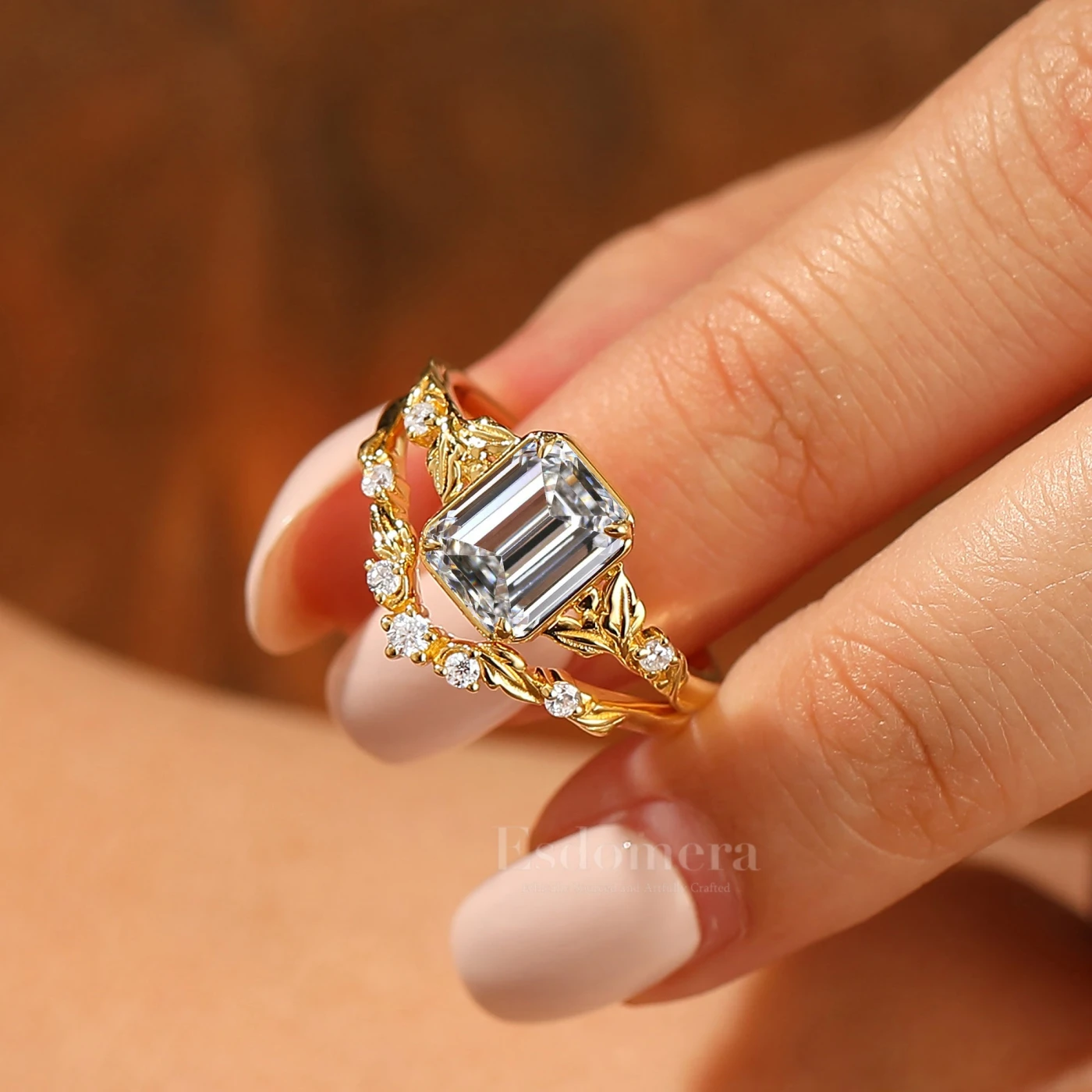 Unique Leaf-inspired Emerald Cut Lab Grown Diamond Bridal Ring Set 2pcs 14K Solid Gold Lab Diamond Rings (IGI Certified) - view 2
