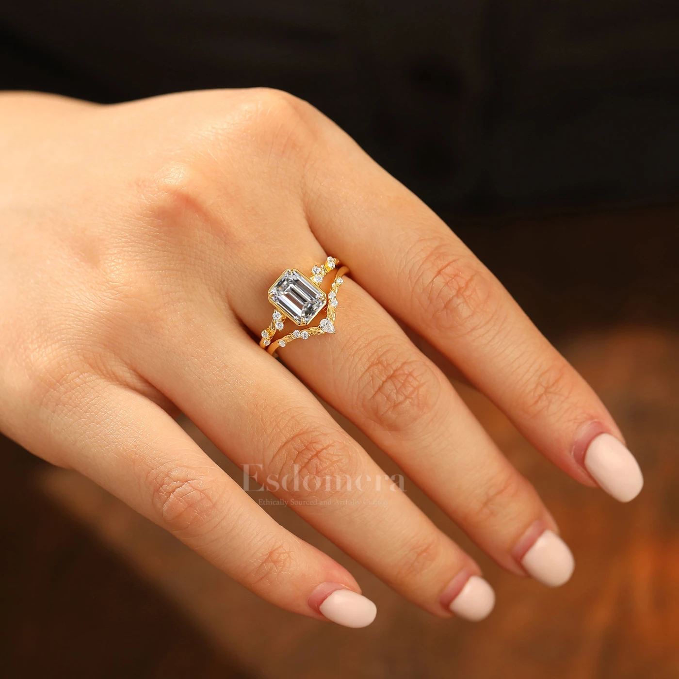 Leaf Inspired 2CT Lab Grown Diamond Bridal Ring Set 14K Solid Gold Emerald Cut Lab Diamond Rings (IGI Certified) - view 3