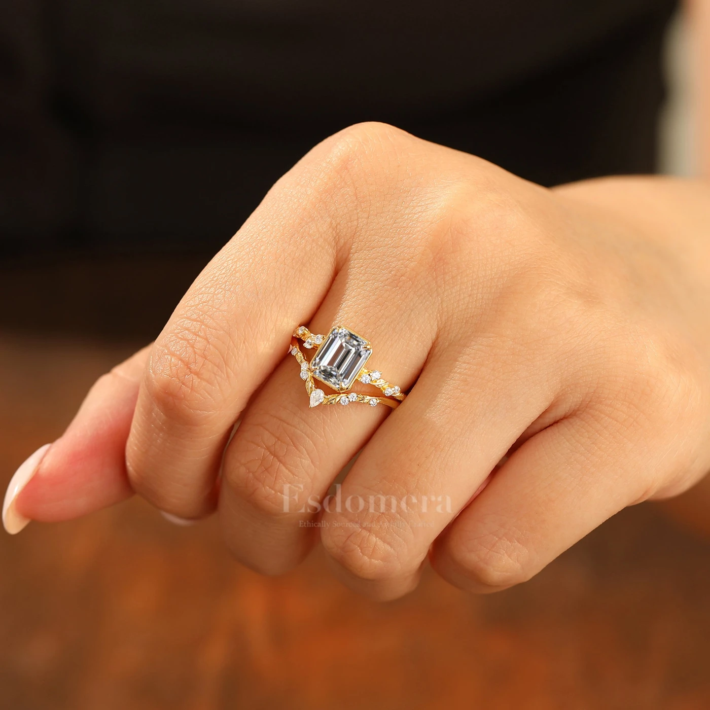 Leaf Inspired 2CT Lab Grown Diamond Bridal Ring Set 14K Solid Gold Emerald Cut Lab Diamond Rings (IGI Certified) - view 6