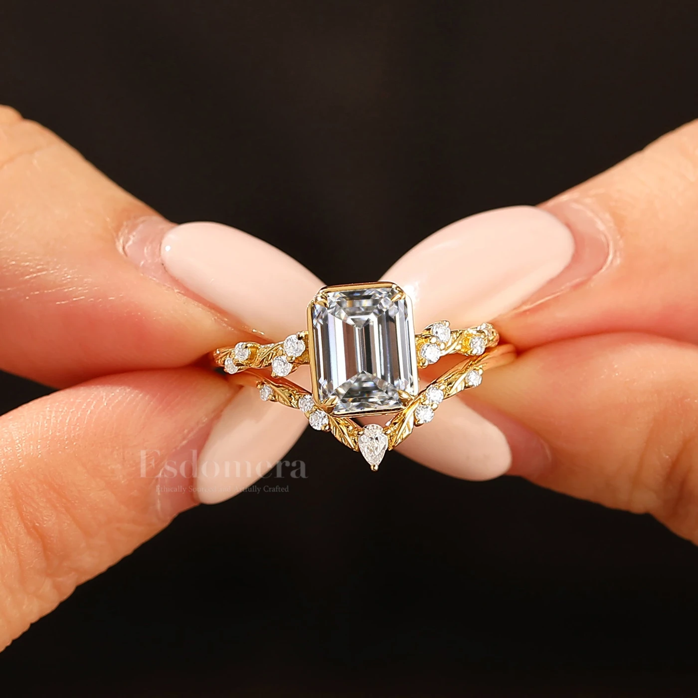 Leaf Inspired 2CT Lab Grown Diamond Bridal Ring Set 14K Solid