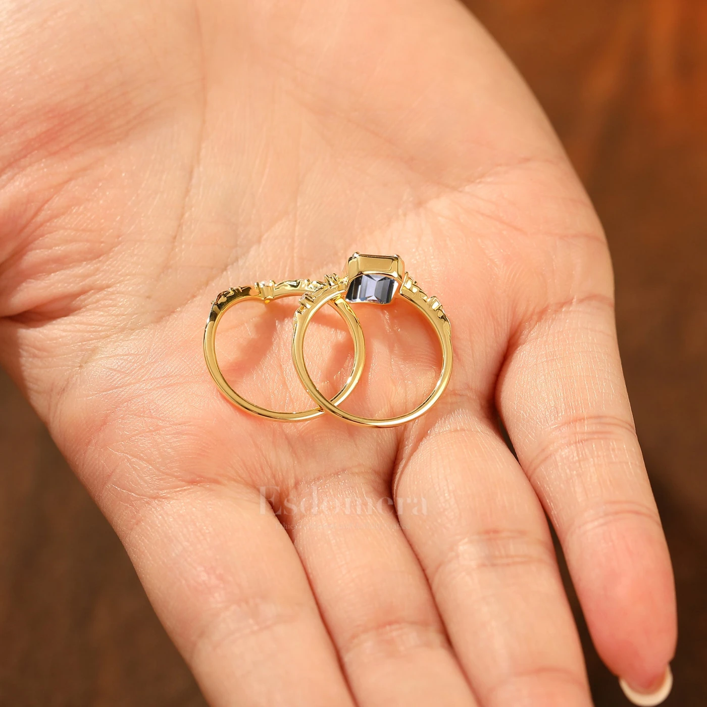Leaf Inspired 2CT Lab Grown Diamond Bridal Ring Set 14K Solid Gold Emerald Cut Lab Diamond Rings (IGI Certified) - view 8