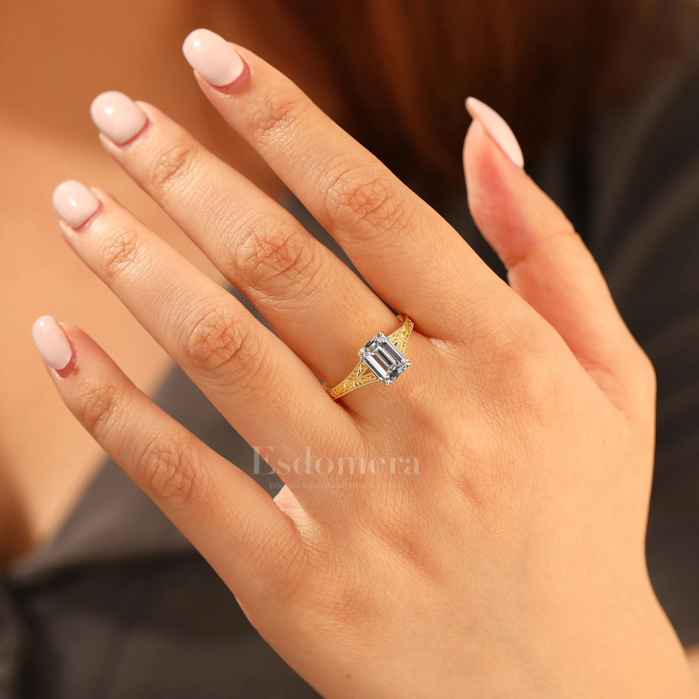 Unique 2CT Emerald Cut Yellow Gold Filigree Split Shank Lab Grown Diamond Promise Ring (IGI Certified) - view 5
