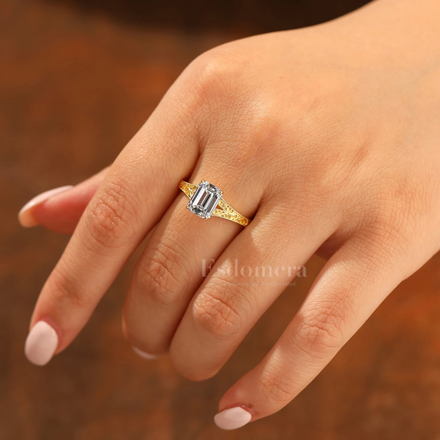 Unique 2CT Emerald Cut Yellow Gold Filigree Split Shank Lab Grown Diamond Promise Ring (IGI Certified) - view 3
