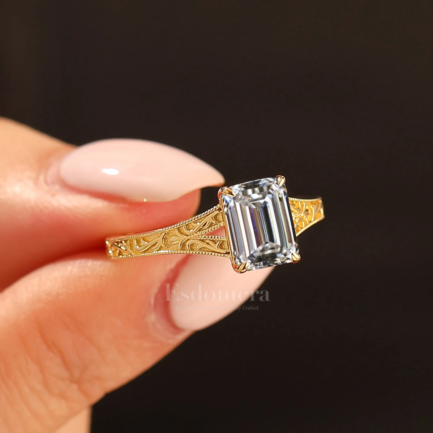 Unique 2CT Emerald Cut Yellow Gold Filigree Split Shank Lab Grown Diamond Promise Ring (IGI Certified) - view 2