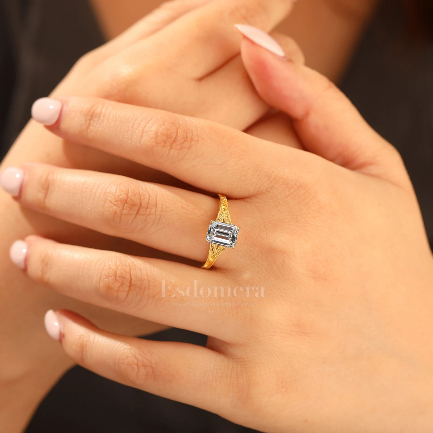 Unique 2CT Emerald Cut Yellow Gold Filigree Split Shank Lab Grown Diamond Promise Ring (IGI Certified) - view 7